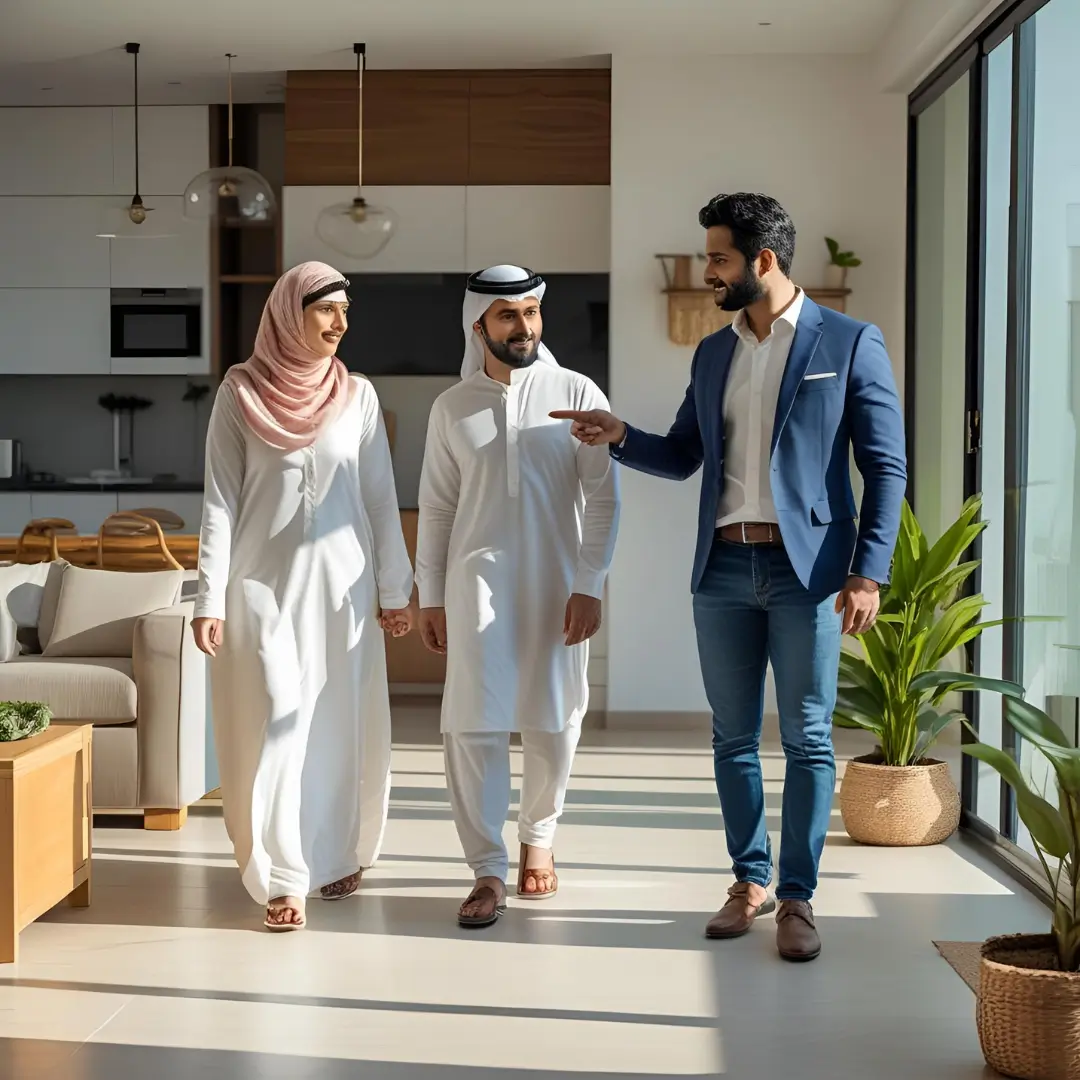 A couple dressed in traditional attire touring a modern home with a real estate agent. The interior features large windows, a spacious layout, and contemporary furnishings. This scene depicts the first time home buying process.