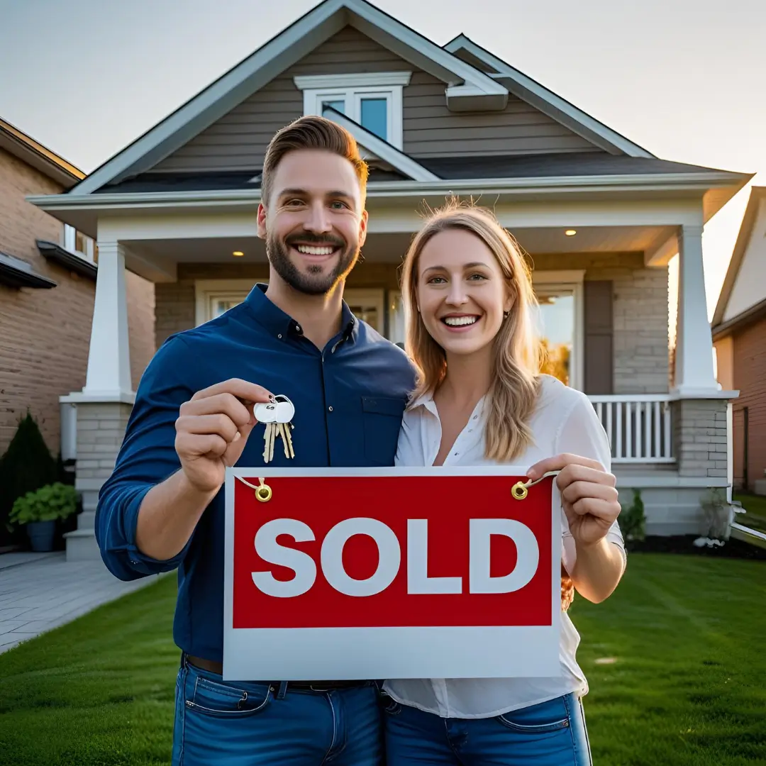 A smiling couple holding a "SOLD" sign in front of their new home, with keys in hand, symbolizing success in the first time home buying process.